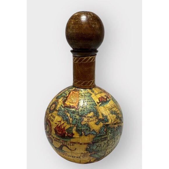 Vtg 1960 Fausto Confuri Italian Leather Wrapped Old World Map Decanter & Stopper - Picture 3 of 8